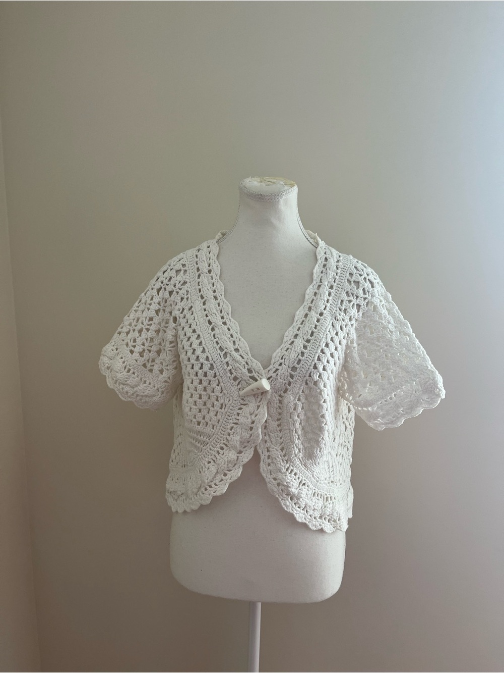 NY Collection Cream Crochet Short-Sleeve Cardigan